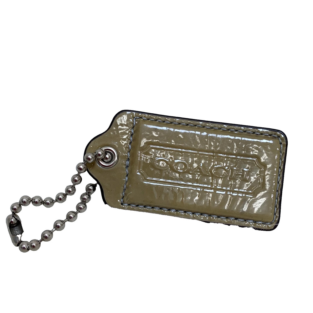 Large COACH Light Olive Green Patent Leather Hang Tag Purse Charm 3" H47